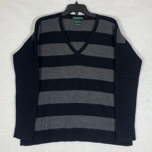 Lauren Ralph Lauren Sweater Women's XL Striped 100% Cashmere Black Grey Pullover